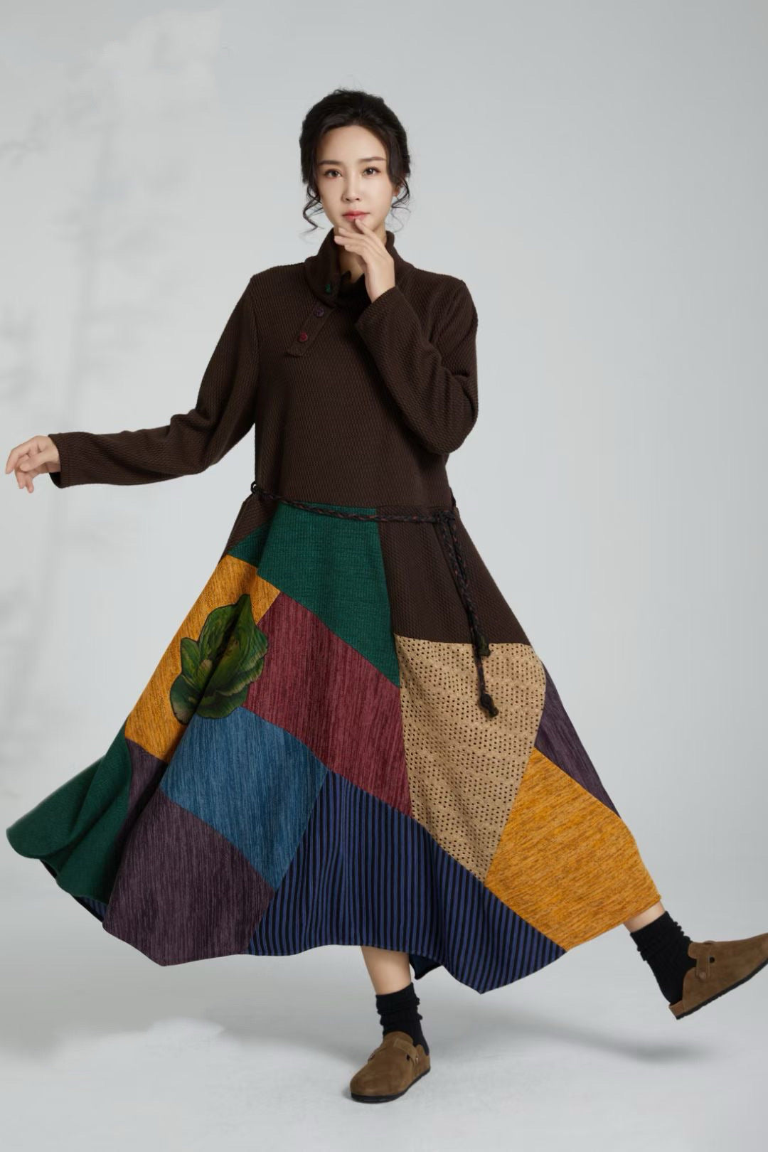 "Autumn Mosaic" Elegant Plus-Size Autumn-Winter Patchwork Maxi Dress