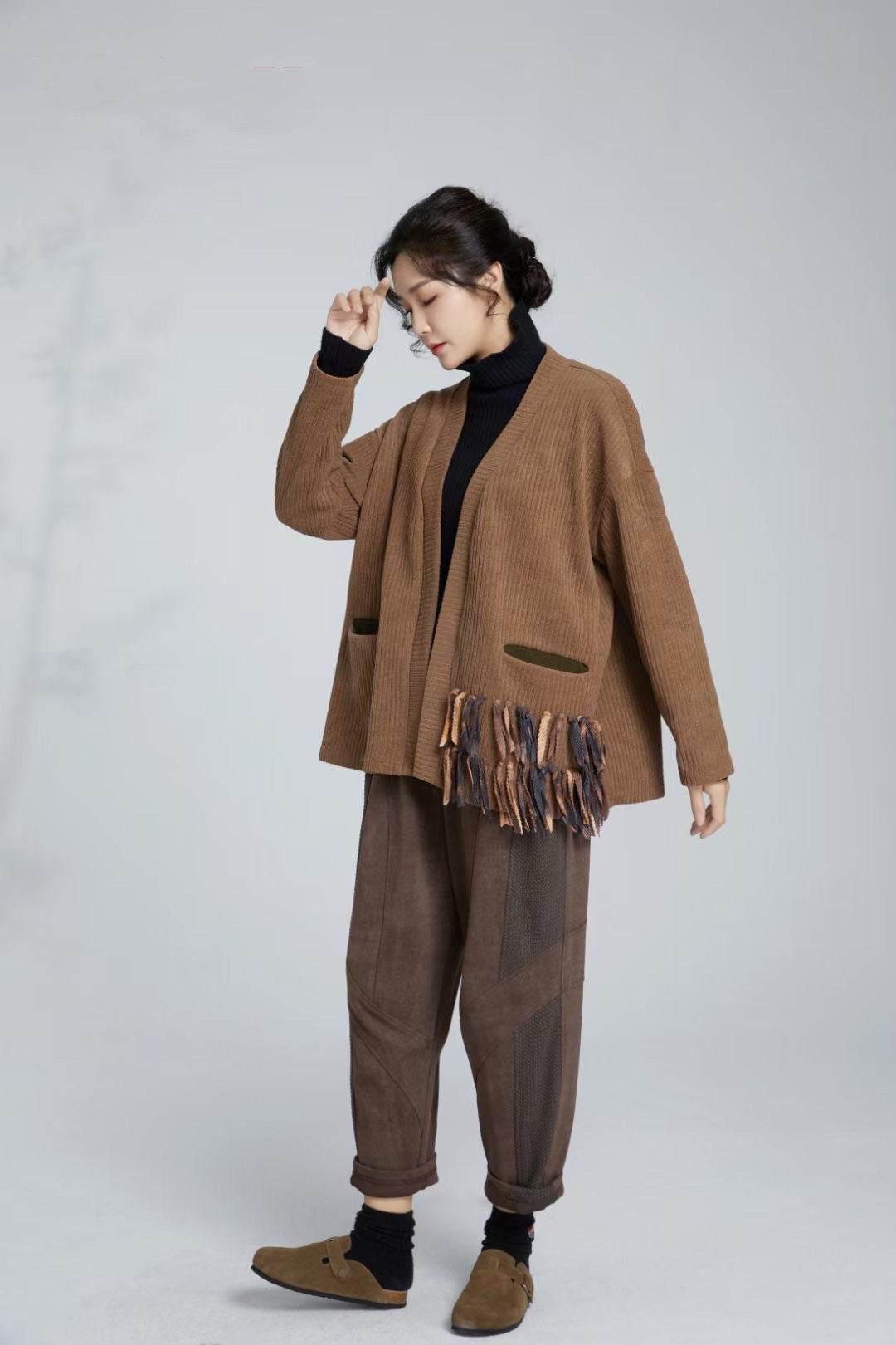 Black and Gray Twill Long Autumn Coat