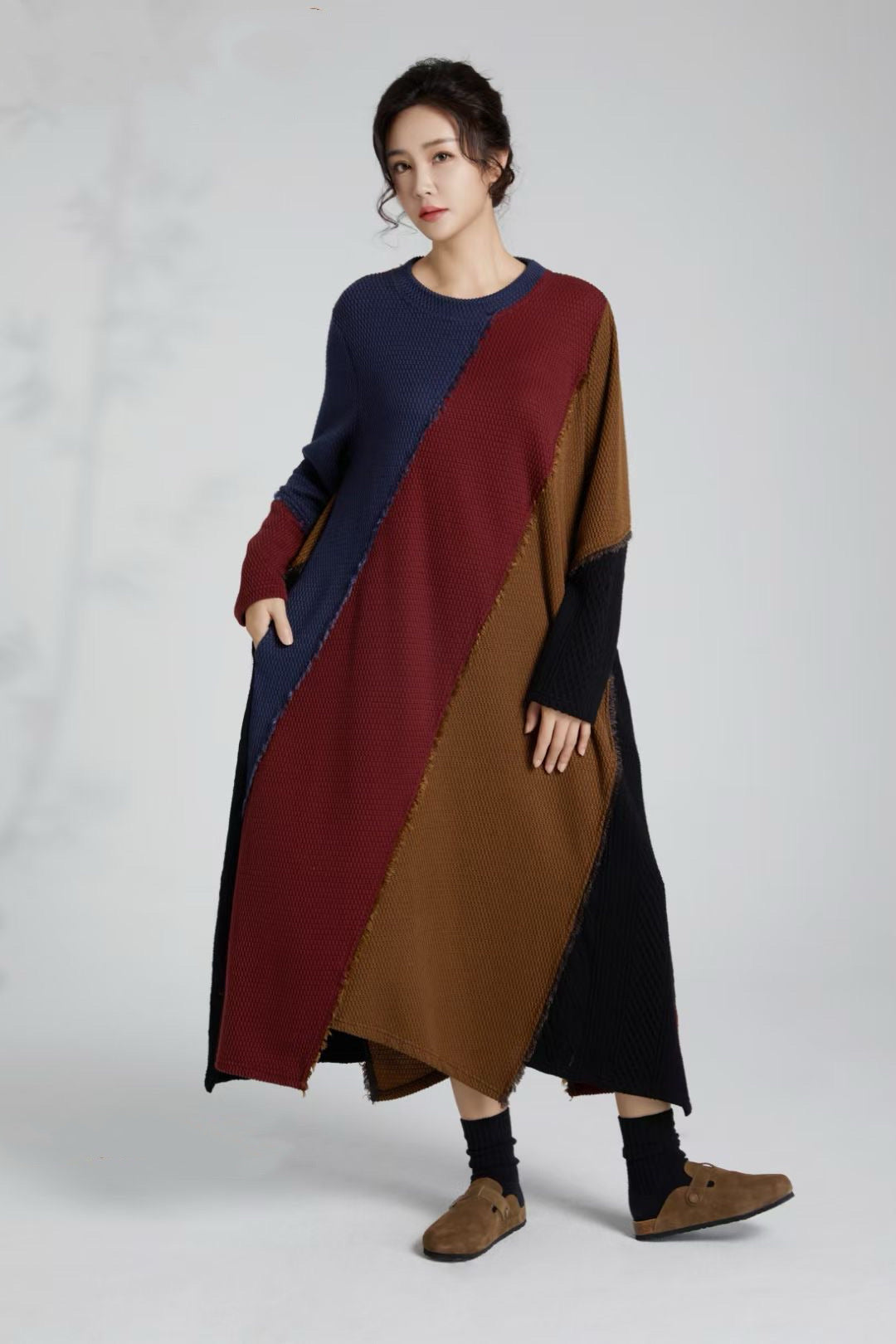 Color-Block Asymmetrical Knit Maxi Dress Jiujo Color-Block Asymmetrical Knit Maxi Dress Jiujo
