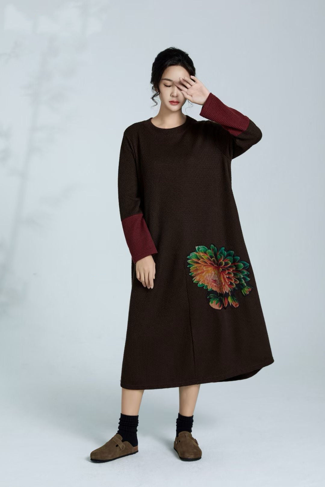 Peacock Floral Black Long Sleeve Maxi Dress with Red Cuffs
