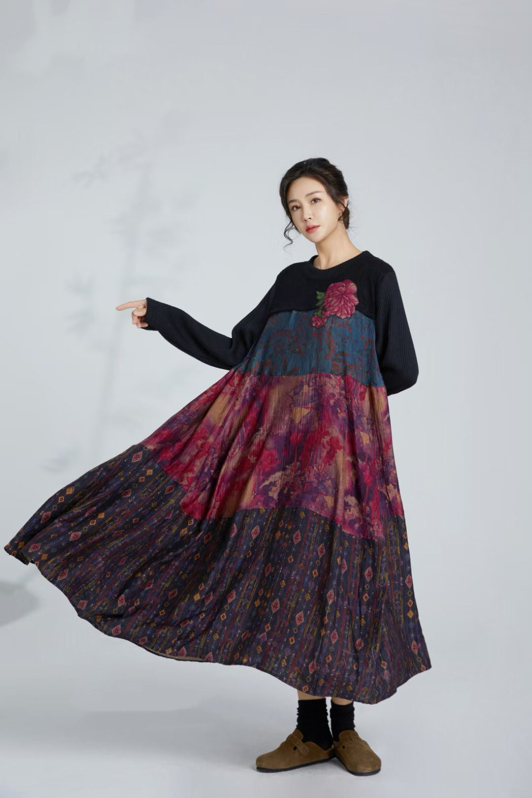 autumn patchwork dress a line Anewsta Elegant Lace Patchwork Long Sleeve Round Neck A-Line Dress, Autumn/ Winter