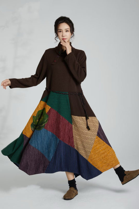 "Autumn Mosaic" Elegant Plus-Size Autumn-Winter Patchwork Maxi Dress
