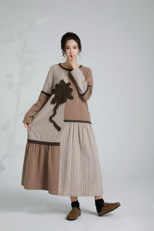 "Autumn Whisper" Elegant Patchwork Polka Dot & Stripe Maxi Dress with Plush Flower