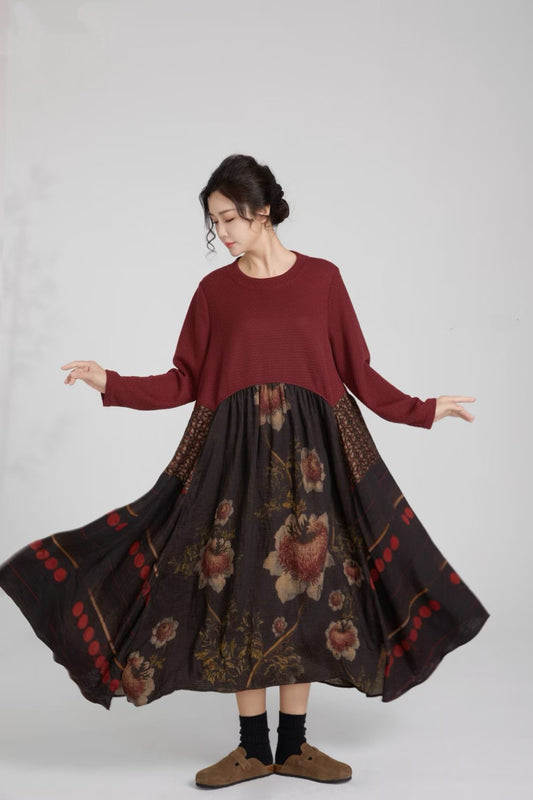 Elegant Plus-Size Autumn Harvest Long Sleeve Dress
