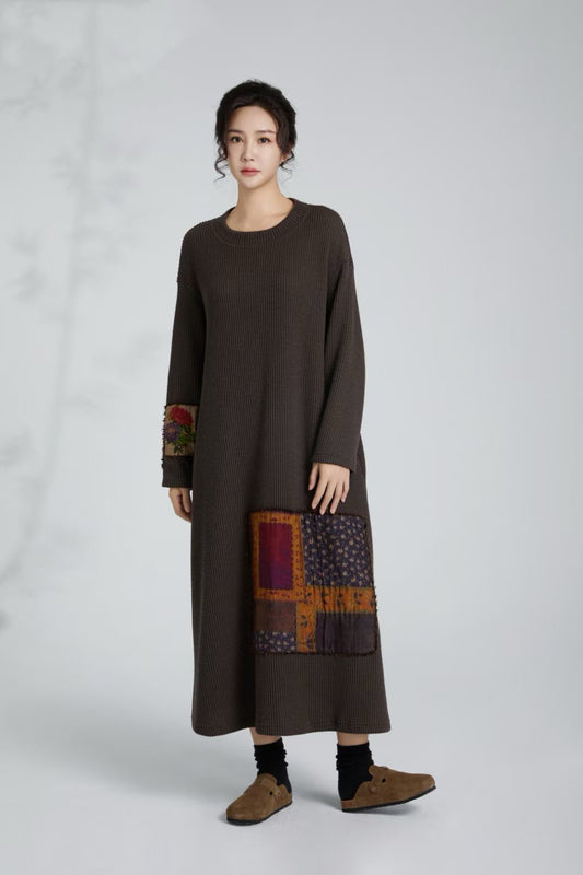 "Autumn Field" Unique Brown Autumn Maxi Dress with Colorful Patchwork