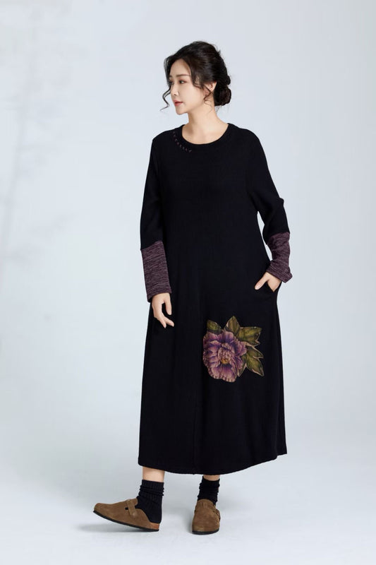 Elegant Black Dress with Purple Hibiscus Skirt