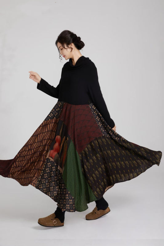 "Textured Elegance" Sophisticated Multi-Texture Patchwork Maxi Dress for Autumn-Winter
